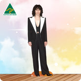 Cardboard cutout of a person in a black suit with a white shirt against a colorful gradient background, featuring 'Australian Made' logo.